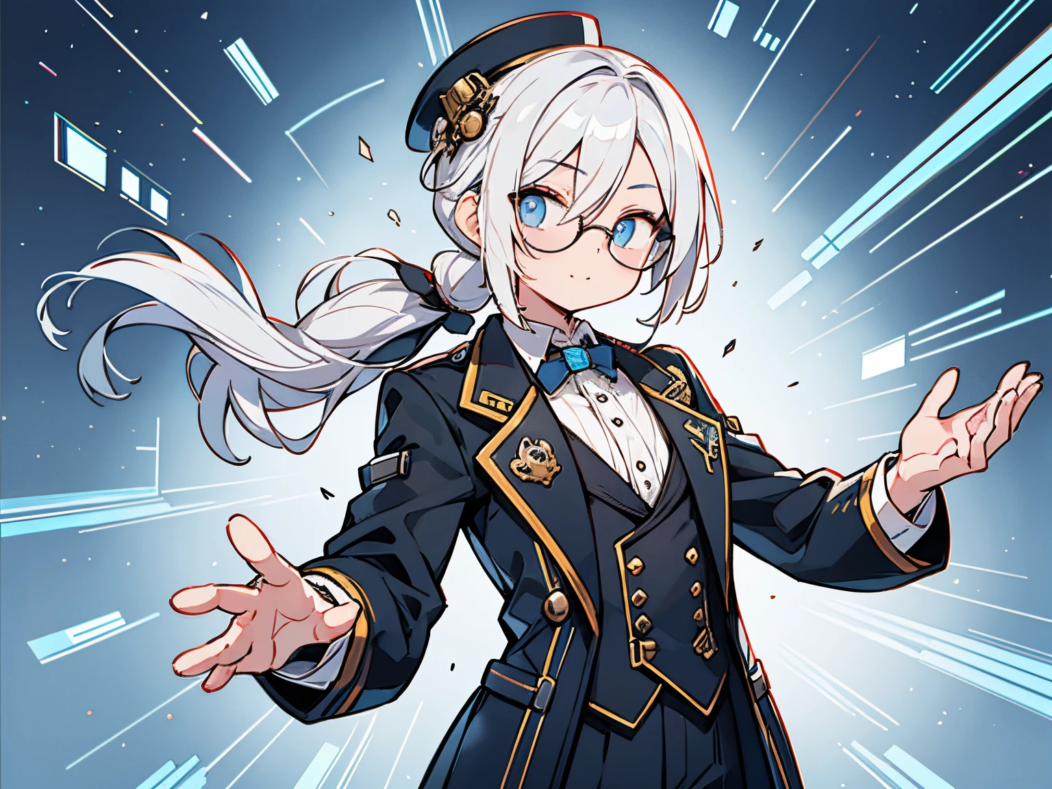 male in his 20s、white hair、poneyTail、He wears round glasses with no rims、The face is human、The body is made of machines、Cyborg Arm、Hats、wearing a tailcoat、holding a smartphone in one hand、bright expression、Happily、Background with(It's like science fiction、Computer LCD screen is floating、He is trying to touch the LCD screen with one hand.)