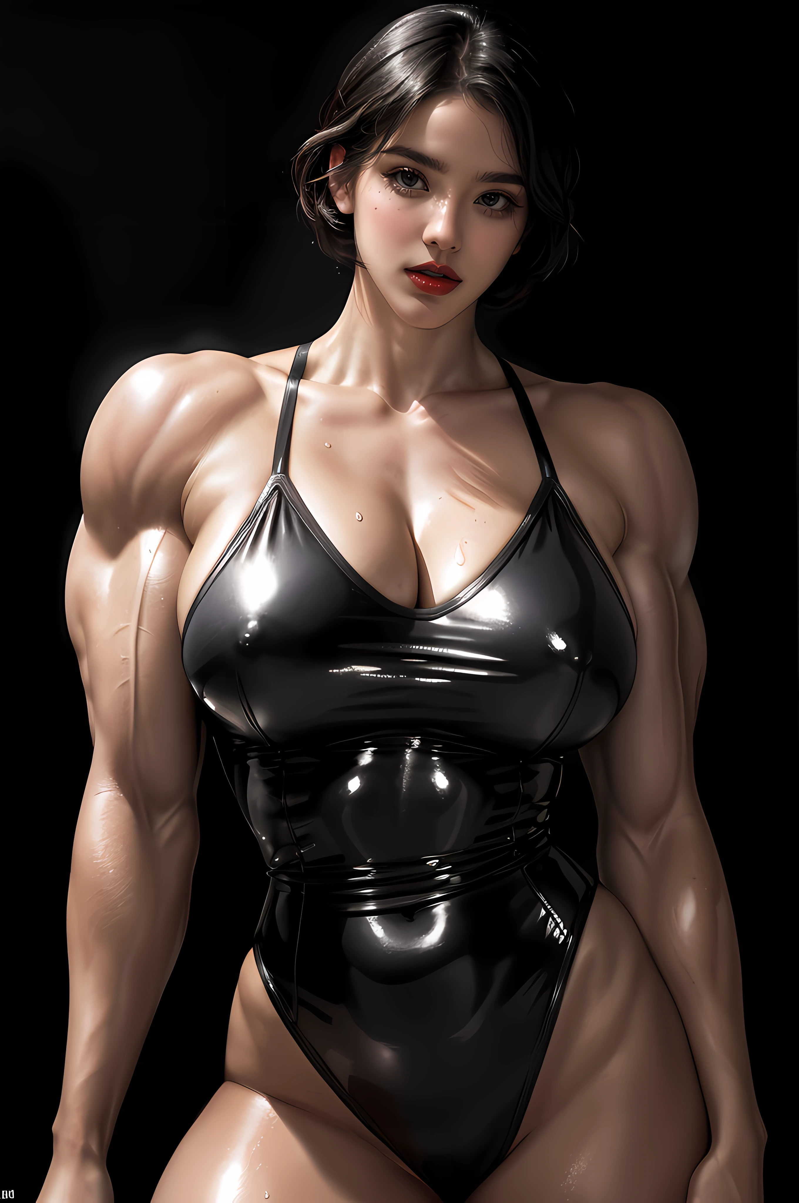 Photorealistic Ada Wong, detailed short messy black hair, mid shot, Detailed skin, detailed body, muscular, solo, wearing Victorian dress, huge breasts, thick thighs, wide hips, ((((huge muscles)))), large bulging veins on body, veins, muscle vein, split abs, thick thighs, blue eyes, Natural Skin Texture, skin detail, shiny skin, shiny glossy skin, WET skin, wet body, glossy skin, oily skin, Mediterranean tan, high contrast, realistic skin, skin pores, intricate detail, black background, high contrast, realistic skin, skin pores, intricate detail, raw photo, mature female, glossy lips, luscious lips, pretty nose, lifelike rendering, immersive atmosphere, chiaroscuro, moody lighting, perfect female body, realistic skin, skin pores