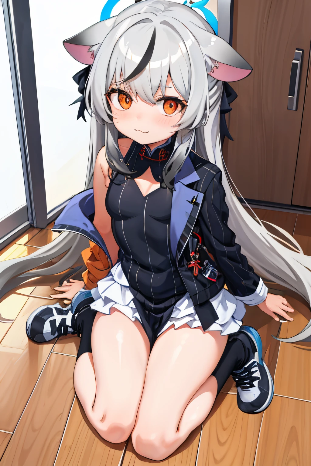 tmasterpiece, best qualtiy, ultra - detailed, 1girll,Gray hair Kokona, inside in room, orange eye, :3,the face, closeup cleavage, at school
