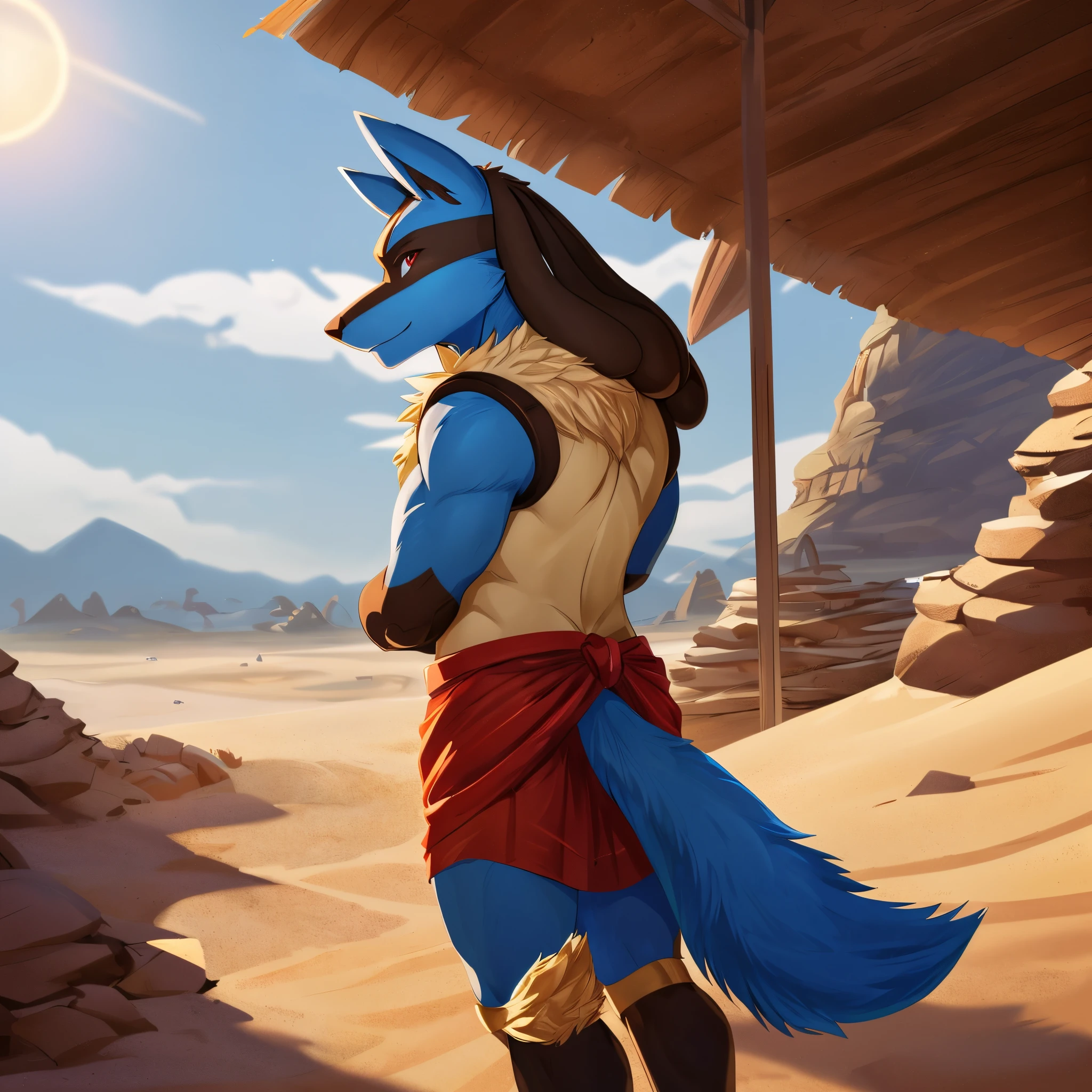 Egyptian Lucario, male, single character, in a sand storm, in a abandoned town