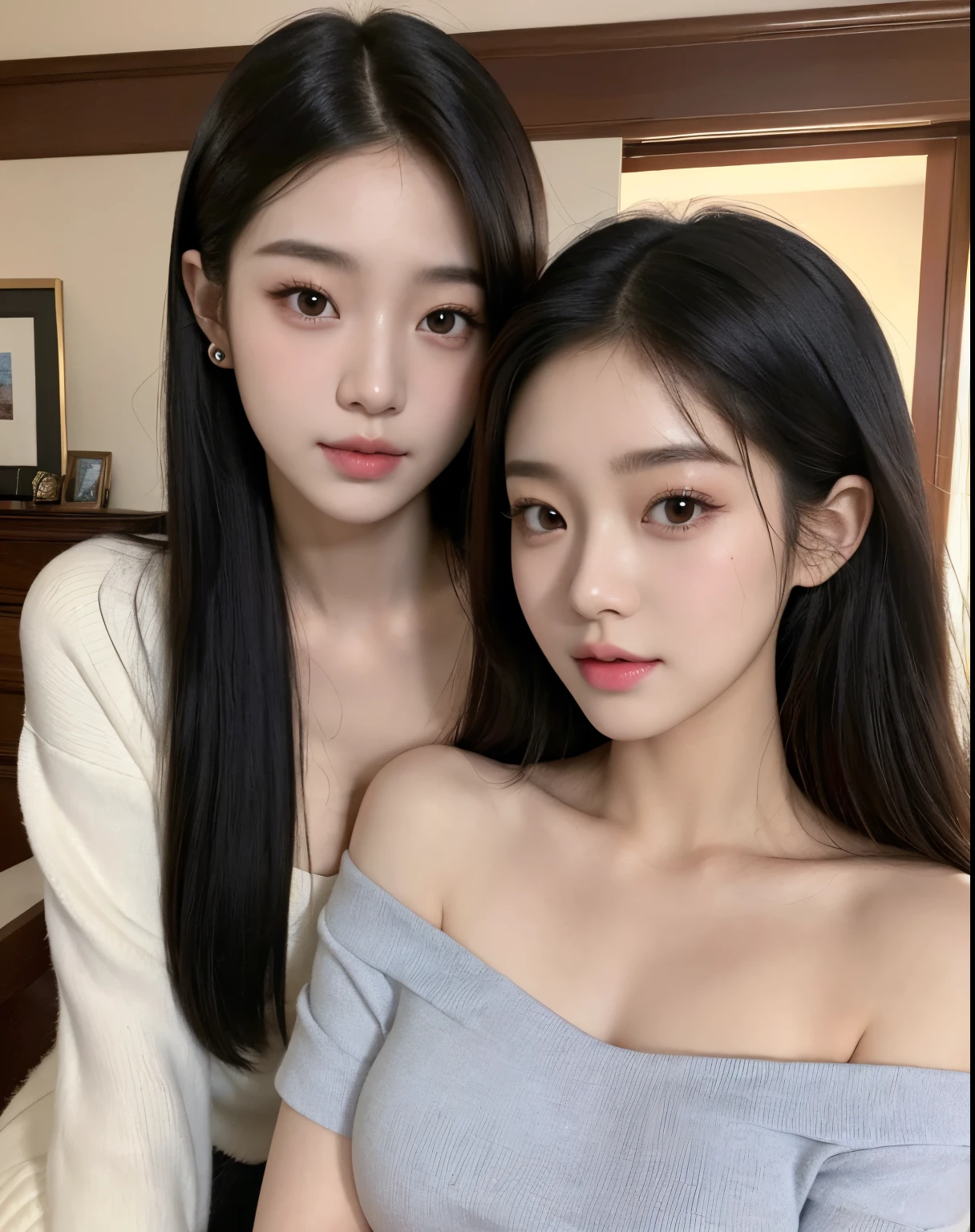 ((Best quality, 8k, Masterpiece)), 1girl Jisoo from blackpink with kim Jennnie from blackpink, beautiful woman, (casual hairstyle, big breasts ), ultra-detailed face, delicate eyes, double eyelids, soft breasts, smile, exposed cleavage