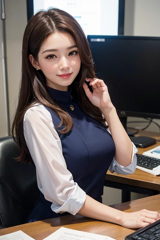 (1girl), (round eyes:1.2), (highly detailed face and eyes), smile, Amazing face and eyes, (Best Quality:1.4), (Ultra-detailed), (extremely detailed CG unified 8k wallpaper), Highly detailed, High-definition raw color photos, Professional Photography, Realistic portrait, Amazing face and eyes, indoors, office, (office lady, casual, No sleeve, mini Skirt:1.3), (A moment of relaxation), model, depth of fields, (fine face:1.2),