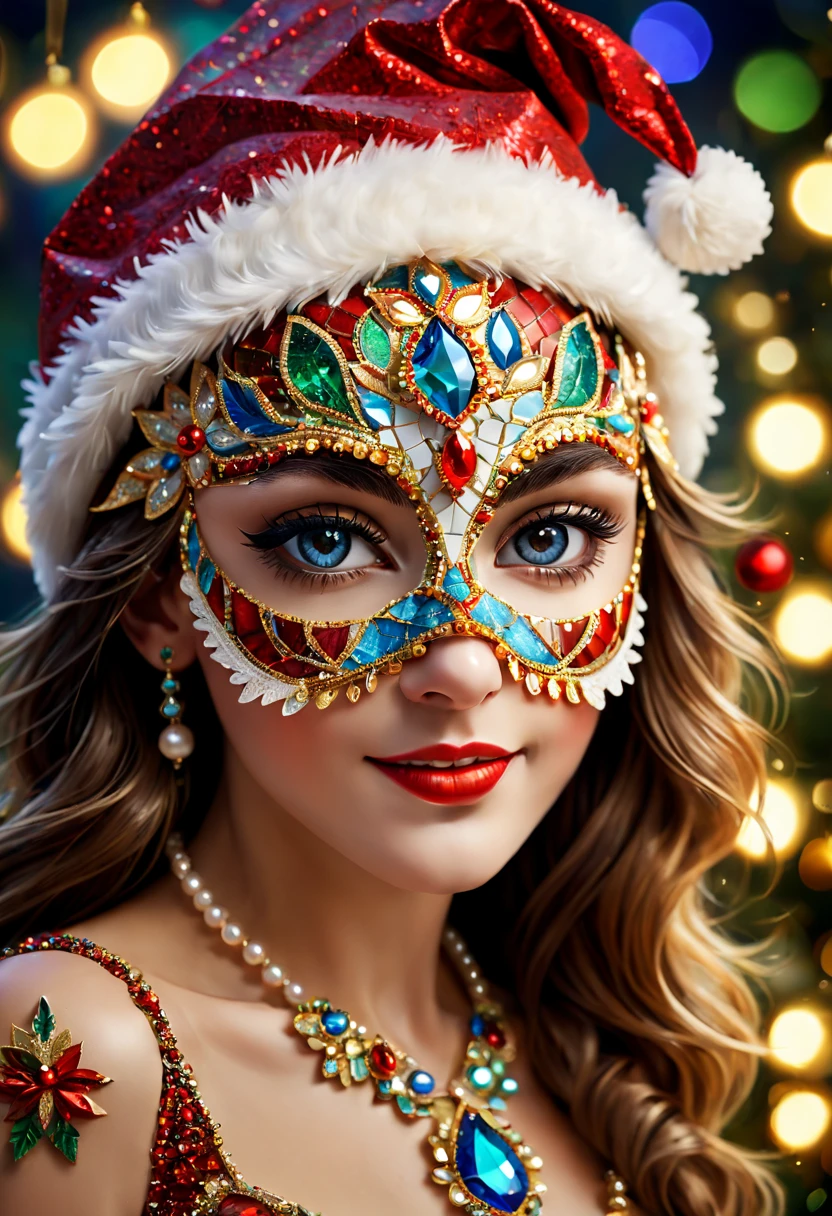(Mosaic Christmas Mask),one-girl,sparkling detailed eyes,beautifully detailed lips,Feather,extremely detailed eyes, christmas hat,festive smile, pearl necklace, golden mosaic patterns on the mask, delicate craftsmanship, intricate designs, vibrant color palette, high contrast, sharp focus, glossy finish, impressive artistry, holiday atmosphere, intricate mosaic tiles, ornate decorations, magical lighting. (best quality,4k,8k,highres,masterpiece:1.2),ultra-detailed,(realistic,photorealistic,photo-realistic:1.37),portrait,mosaic art,christmas celebration,festive colors,sparkling charm,holiday spirit,glimmering lights,colorful ornaments.