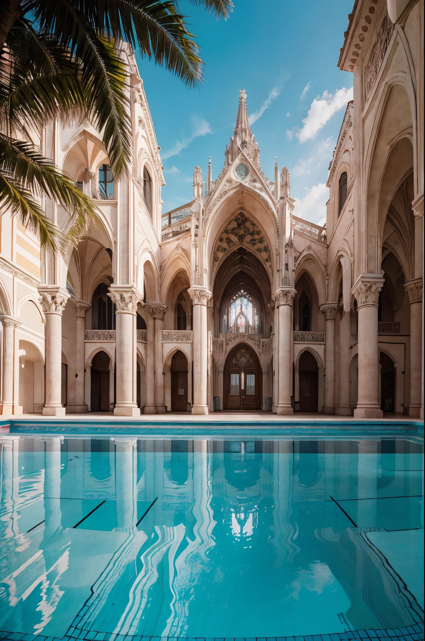 symetrical, photo-realistic high-contrast, ultra wide angle perspective distortion, surreal, high gothic architecture, cologne cathedral style villa on white tropical beach, pink sunset, waveless turquoise blue water, luxurious pool, ultra sharp, hyper realistic