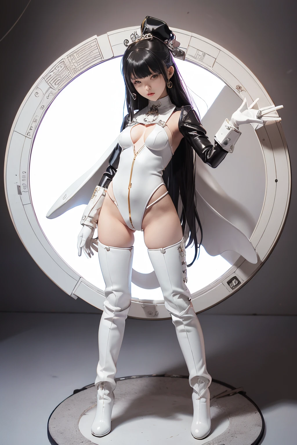 (blind box toy style:1.3), ((Full body shot:1.4)) (((anatomy correct))),((1girl in, Solo)),(masutepiece:1.3), (Sexy costume), ((masutepiece)) , (((White bodysuit、long Leather boots))),((Circular base:1.5))、anime figure,  Seductive. Highly detailed,  ( highly detailed figure ), pvc figurine、、 Steampunk Body 、 Metal 、 Intricate decoration details 、 cool color 、 Gothloli details 、 highly intricate detail