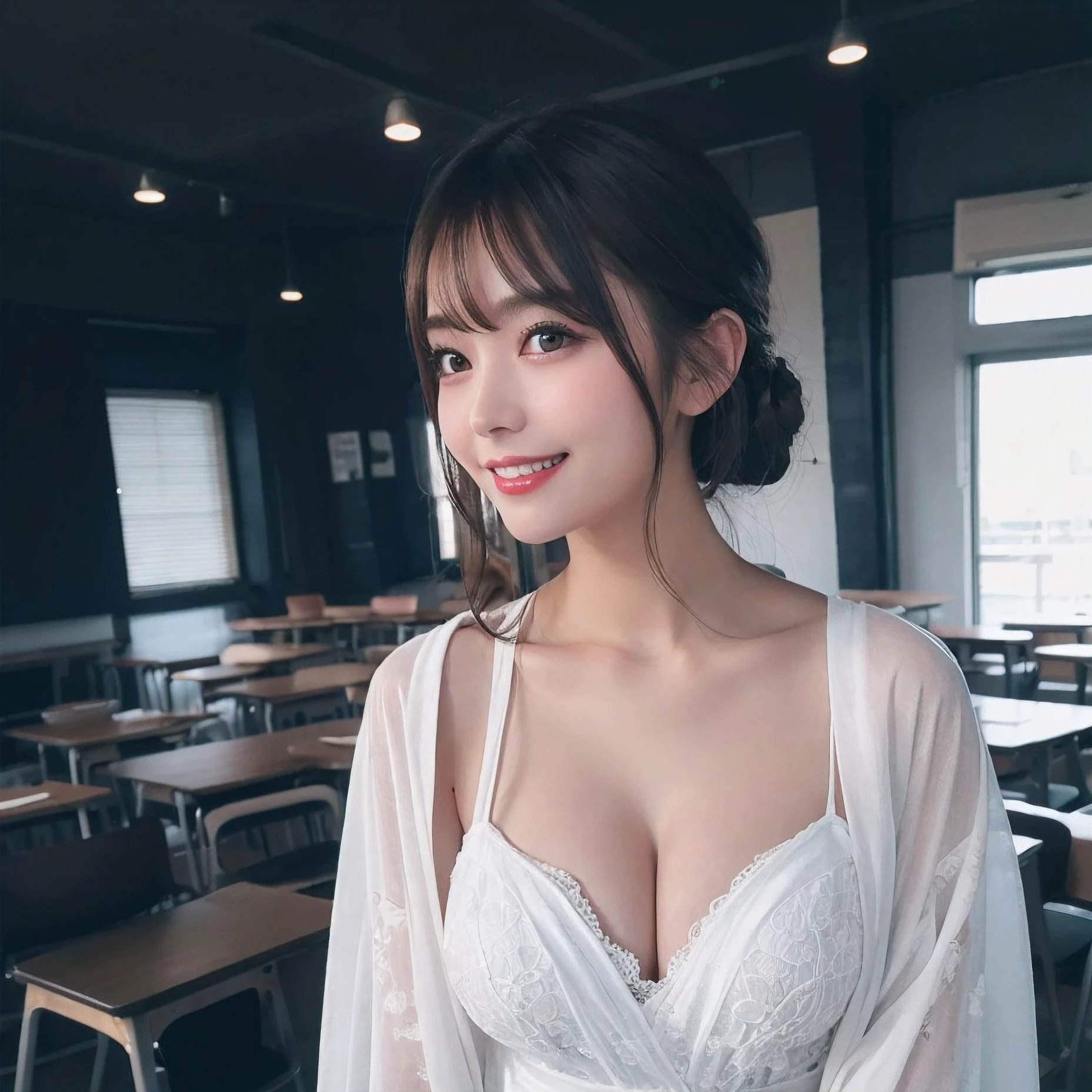 masutepiece, Best Quality, Illustration, Ultra-detailed, finely detail, hight resolution, 8K Wallpaper, Perfect dynamic composition, Beautiful detailed eyes, White Kimono,Bob Hair, mid-chest, Natural Color Lip, Random and sexy poses,Smile,20 years girl Colossal tits、Classroom、White sheer body stockings、
