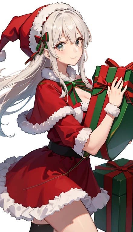 1girl in、A smile、Christmas、Dressed in Santa Claus costume、huge stack of presents on a sleigh,  anime style drawing