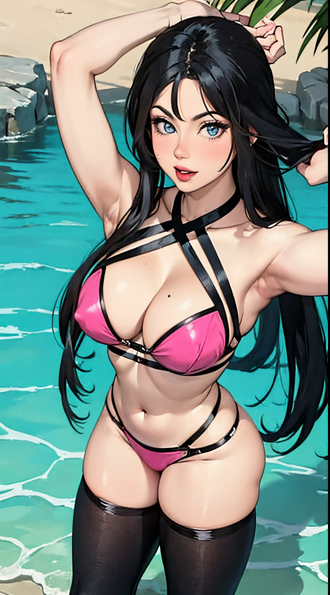 Selfie high-resolution realistics UHD (maria_fernanda@fegalvao, smiling seductive sexy perfect body fercosplay:1, curvy muscular body,  in a Barbie pink bold colors bikini   stylish beach outfit playing volleyball with Barbie pink bikini in a spring break beach party . The party tematic style should be reminiscent of Barbie movie aesthetics with the Barbie pink color soft pastel colors and gentle magical glows. Use a wide angle lens to capture the image.