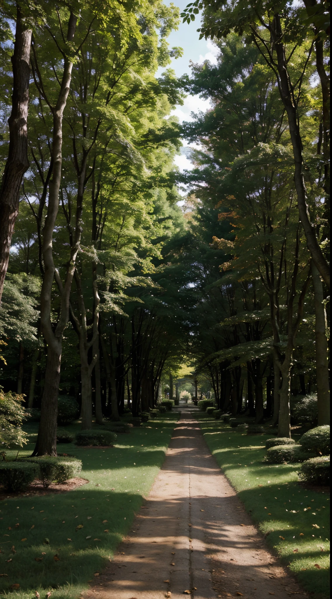 Describe this image in detail: The image features a beautiful, winding path that is surrounded by trees and covered in leaves . The path is surrounded on both sides by trees, creating a tunnel-like appearance. The trees are of various sizes and heights, creating an enchanting atmosphere. The leaves on the trees are scattered across the path, adding a sense of depth and beauty to the scene.