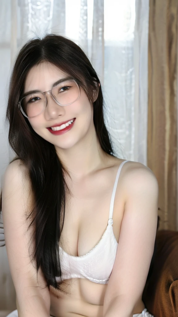 (realistic, high resolution:1.3), 1 girl with perfect figure, smile, glasses,super fine face and eyes, long hair, white lace bikini: 1.2 ,(face only, upper body focus), in bedroom, sit on the bed, big breasts, exposed cleavage,