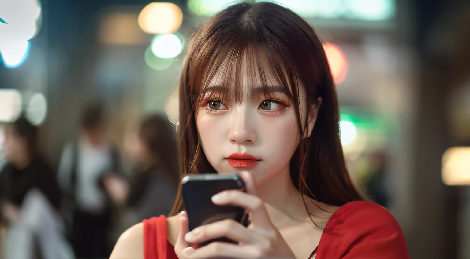 masterpiece、top-quality、hyperdetailed face、ultra-detailed hair、red clothing、station、Holding your smartphone in one hand、gazing into distance