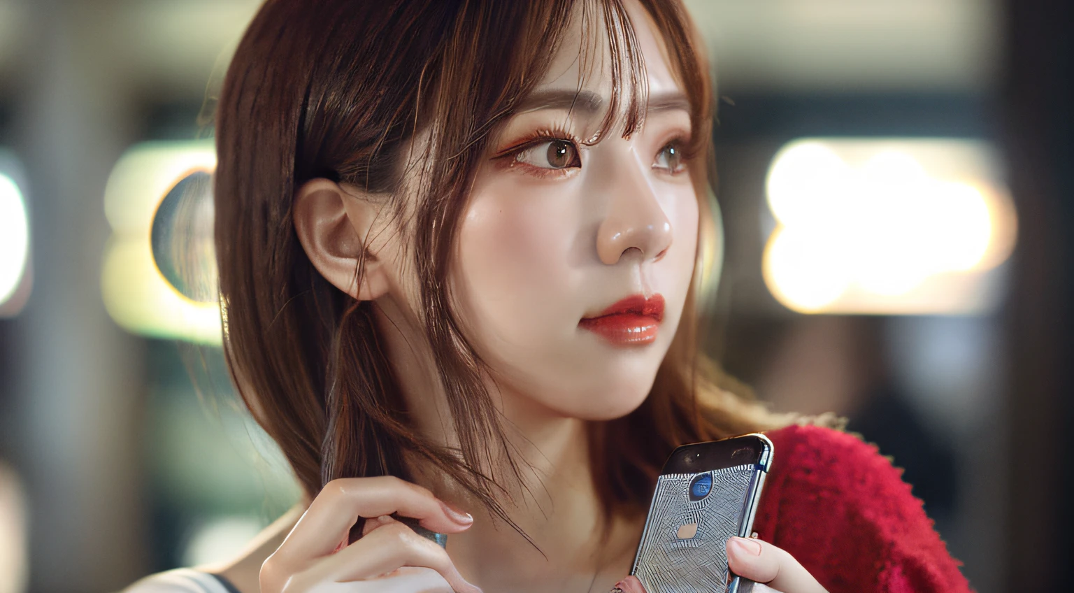 masterpiece、top-quality、hyperdetailed face、ultra-detailed hair、red clothing、station、Holding your smartphone in one hand、gazing into distance