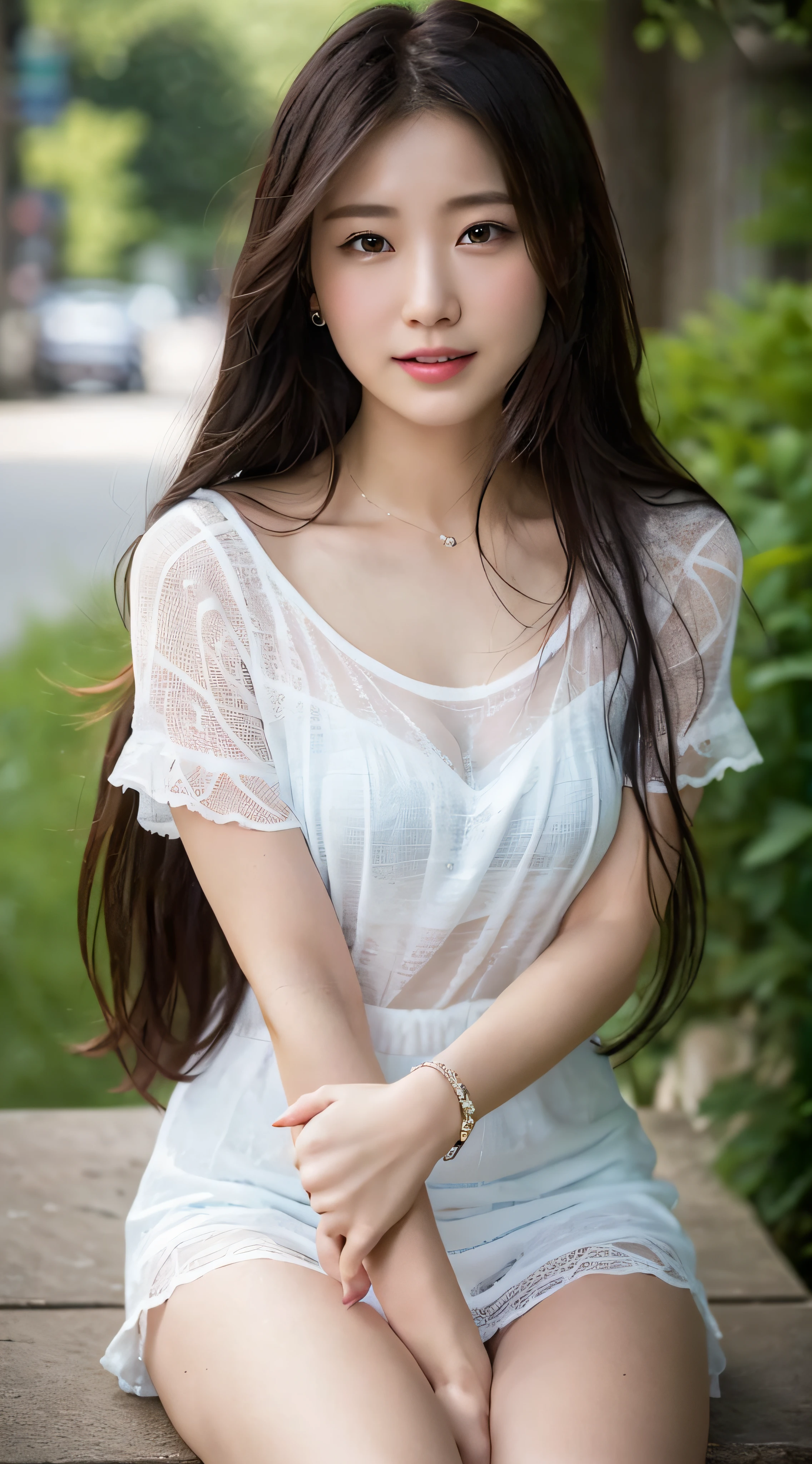 Best-quality, Masterpiece, Ultra-High-Resolution, (Photorealistic:1.4), Raw-Photo, 1girl, solo, (((12-years-old)):1.1), the most popular Japanese idol, ((wearing extremely see-through white-dress with cute-design):1.1), looking at viewer, innocent-smile, ((extremely cute face like the most famous Japanese idol, ((extremely beautiful big-black-eyes):1.1), extremely beautiful hair)), extremely beautiful skins, extremely beautiful long-eyelashes, extremely beautiful lips, extremely beautiful short-body, extremely beautiful thighs, dynamic-pose