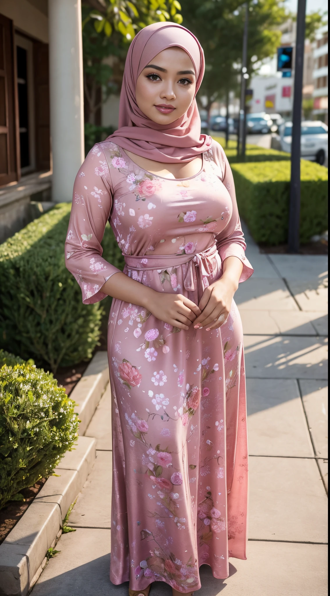 RAW, Best quality, high resolution, Masterpiece: 1.3), Beautiful Malay woman in hijab,Masterpiece, best quality,8k, brown eyes, perfect eyes,Huge breast, woman in a pink dress standing on a sidewalk, wearing pink floral gown, malaysian, wonderful masterpiece, traditional beauty, frontal pose, dressed in a pink dress, 👁🌹👾, with beautiful exotic, background  heavenly, some pink, skinny waist and thick hips, beautiful masterpiece, wearing a long flowery dress, gorgeous lady, full body;