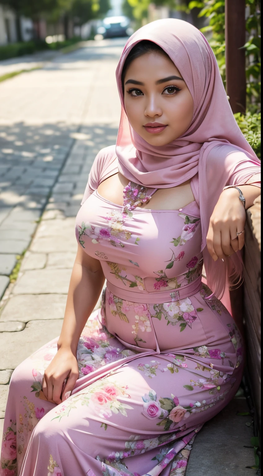 RAW, Best quality, high resolution, Masterpiece: 1.3), Beautiful Malay woman in hijab,Masterpiece, best quality,8k, brown eyes, perfect eyes,Huge breast, (close upwoman in a pink dress sitting on a sidewalk, wearing pink floral gown, malaysian, wonderful masterpiece, traditional beauty, frontal pose, dressed in a pink dress, 👁🌹👾, with beautiful exotic, background heavenly, some pink, skinny waist and thick hips, beautiful masterpiece, wearing a long flowery dress, gorgeous lady, full body;
