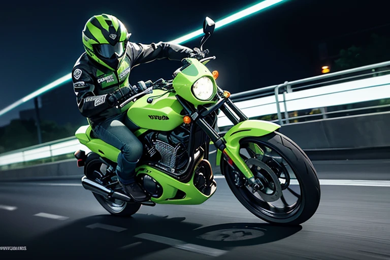 A motorcycle running with a glowing green light