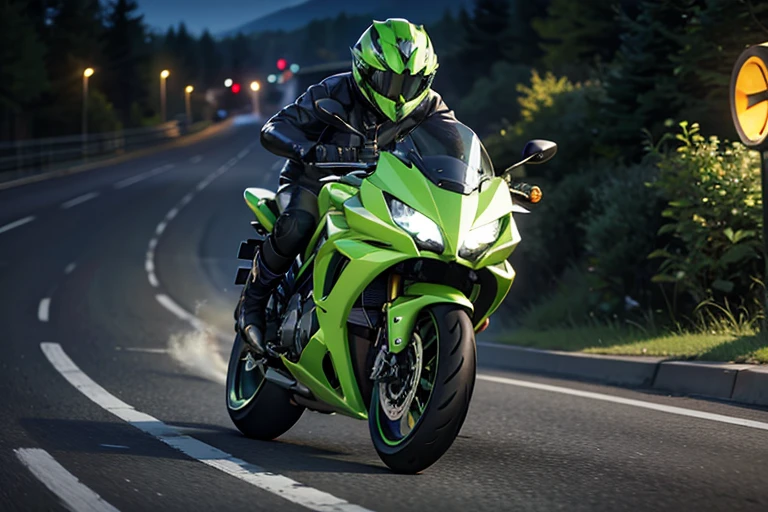 A motorcycle running with a glowing green light