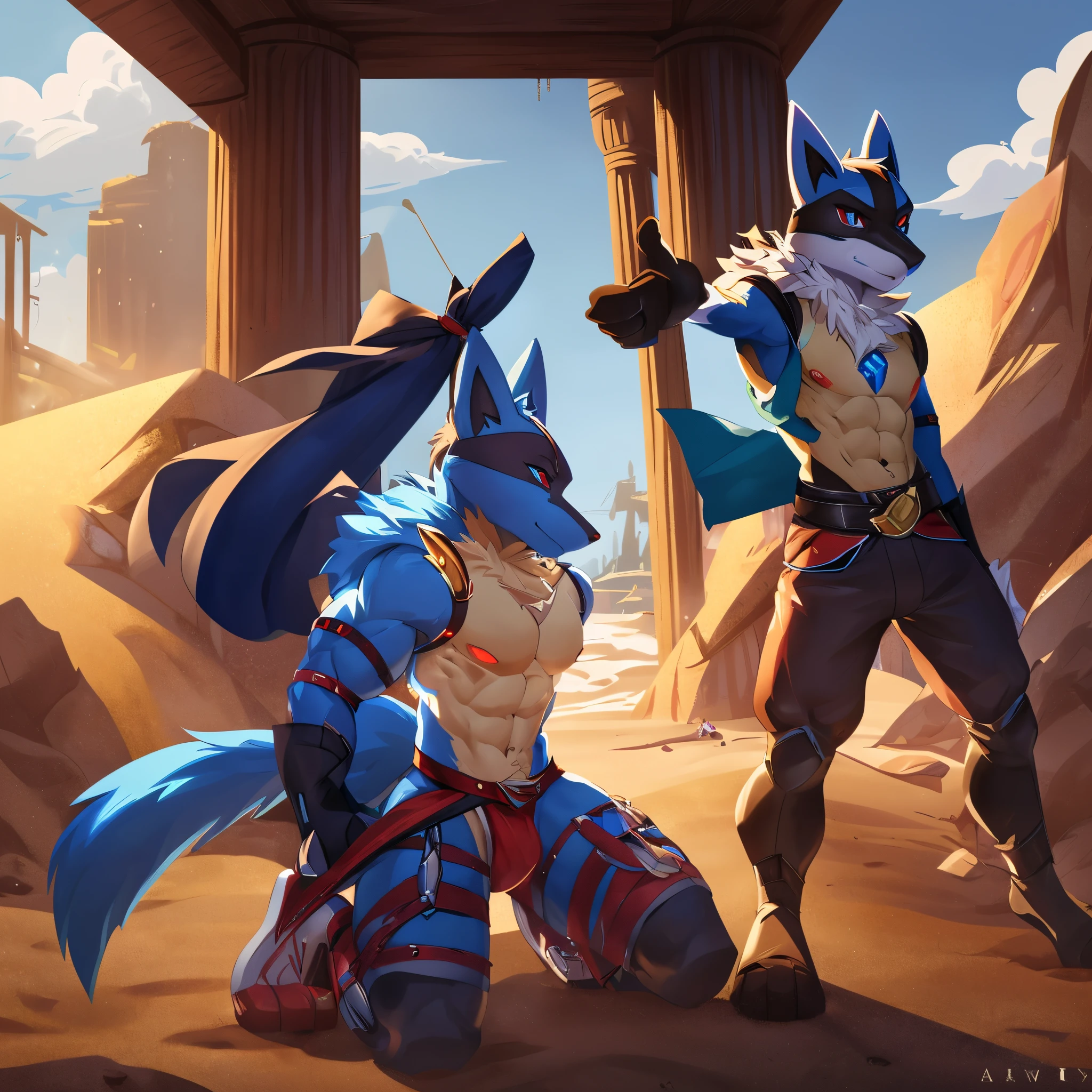 Lucario, male, single character, in a sand storm, in a abandoned town