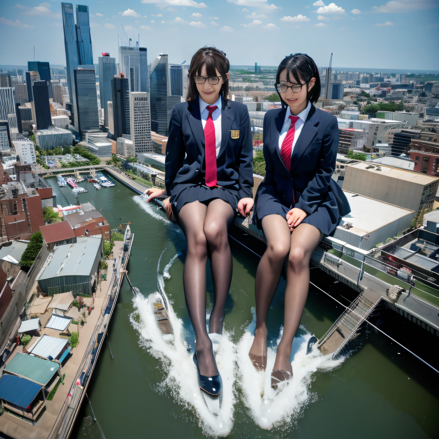 Multiple girls, giantess art, a hyperrealistic schoolgirl, , highly detailed giantess shot, der riese, Shorthair, Black pantyhose, Giant high school girl much bigger than a skyscraper。Wearing rimless glasses。Colossal tits。Navy blue blazer、Red tie、Mini Length Skirt、Black pantyhose、I'm not wearing shoes.。very small metropolis。miniature metropolis。In a miniature metropolis just a few feet tall.、standing and urinating。Urine that comes out forcefully。torrent of urine。The city sinks into a sea of urine。Small trains and cars are washed away with urine.。Full body depiction。nffsw, der riese, Black pantyhose, Pantyhose legs, Pantyhose feet, ,Stomping City,crash city,Small town,micro city, Peeing,