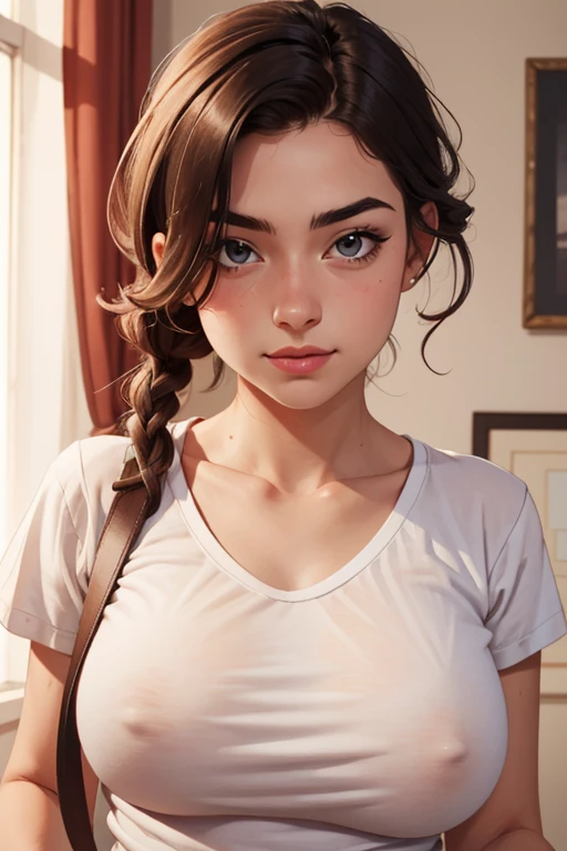 (masterpiece, best quality), 8k, portrait of a 22 yo female, loose white t-shirt, large breasts, leaning foward