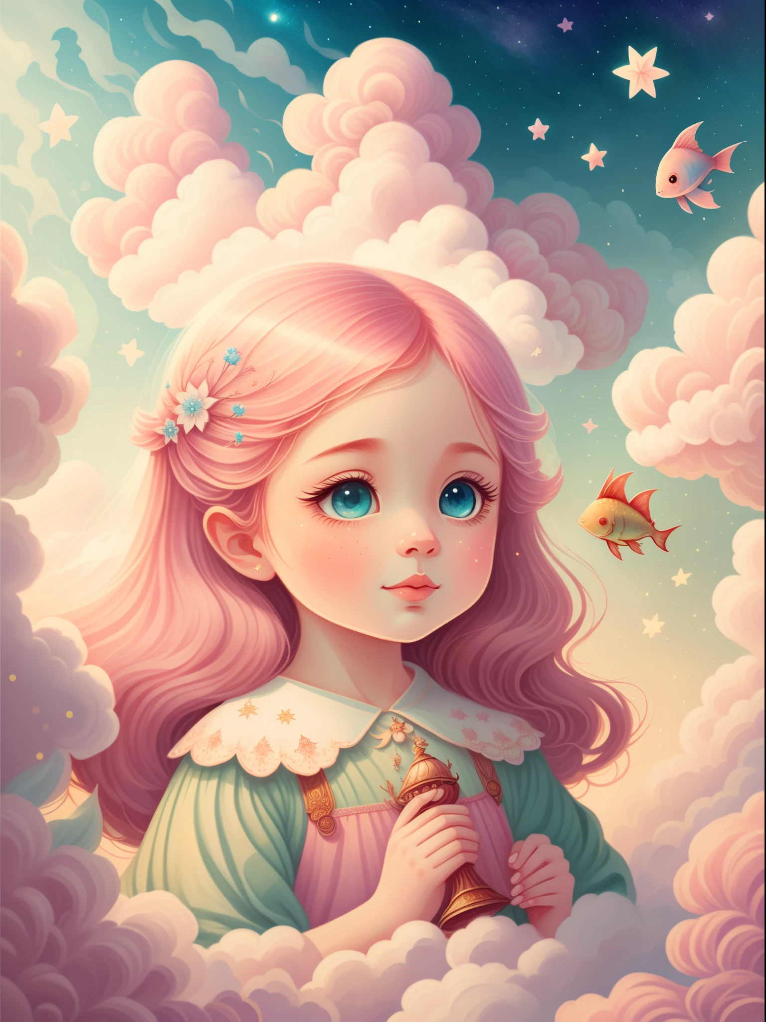 (Best quality,4K,8K,A high resolution,tmasterpiece:1.2),ultra - detailed,(actual,realistically,realistically:1.37),Dreamy sky,Soft clouds,As estrelas,little girl surrounded by clouds,look up to，Beautiful fish，raised head，Long flowing pink hair,gossamer,Fairy tale illustration,funny illustration，Creative illustration，hand painted style，Artwork under bright light,The art of magic,storybook artwork,inspiring art,exquisite artwork
