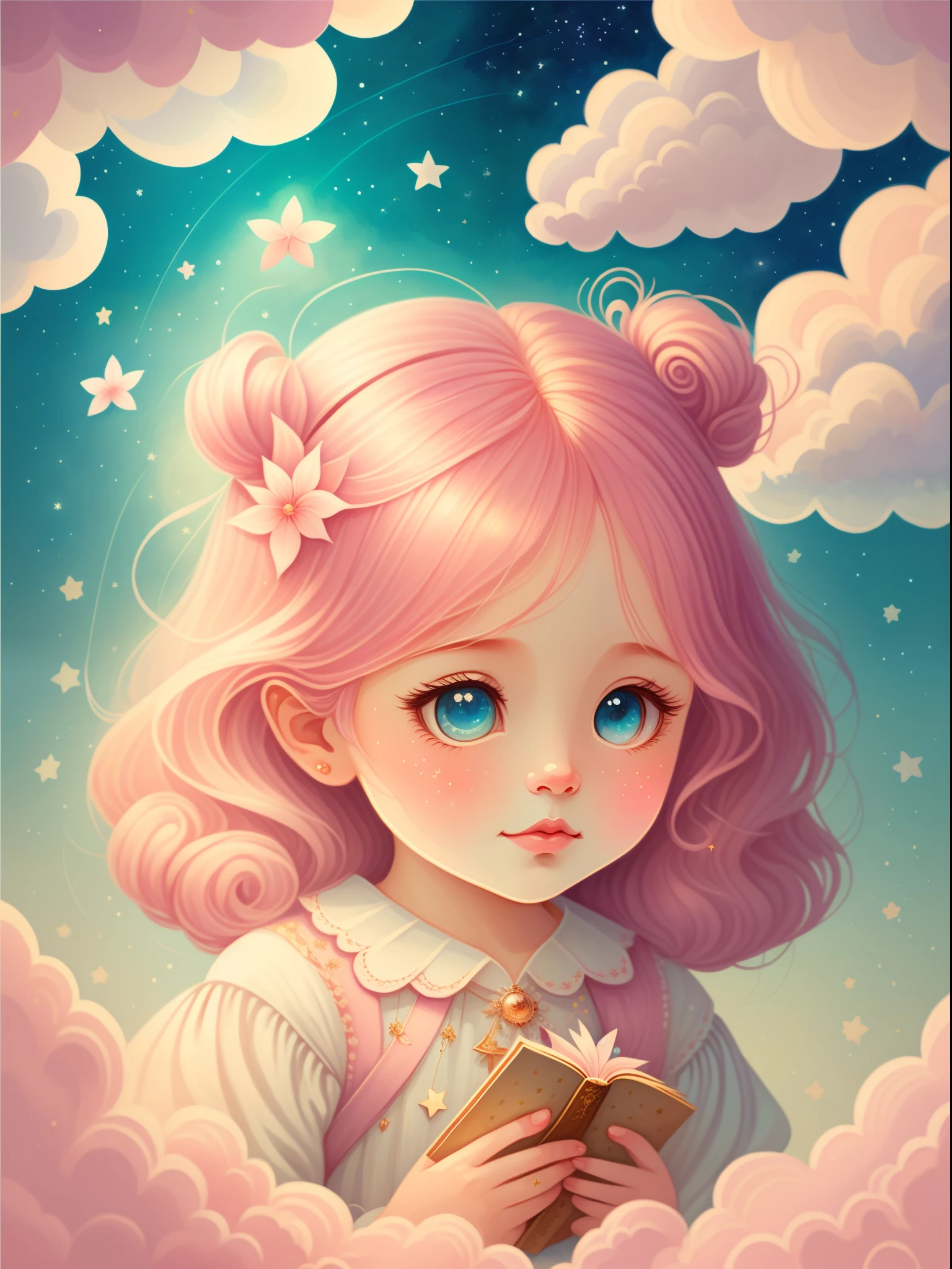 (Best quality at best,4K,8K,A high resolution,tmasterpiece:1.2),ultra - detailed,(actual,realistically,realistically:1.37),Dreamy sky,Soft clouds,As estrelas, girl surrounded by clouds,look up to,Beautiful fish,raised head,Long flowing pink hair,gossamer,Fairy tale illustration,funny illustration,Creative illustration,hand painted style,Artwork under bright light,The art of magic,storybook artwork,inspiring art,exquisite artwork