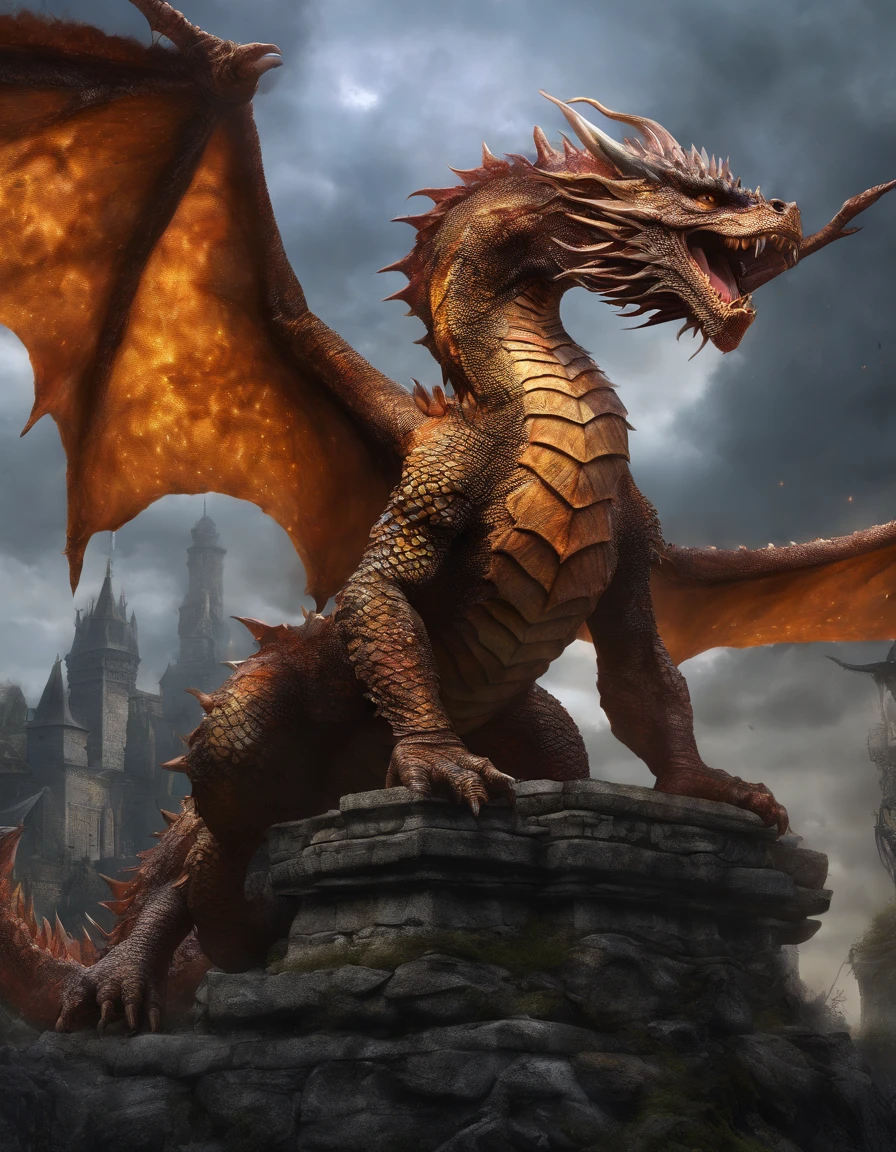 (best quality,4k,8k,highres,masterpiece:1.2),ultra-detailed,(realistic,photorealistic,photo-realistic:1.37),oil painting,
Korvold Fae-Cursed King Dragon from Magic the Gatherijg Universe in his dragon form dominates the scene, with his huge and muscular body coiling around a crumbling ancient castle, with the kings throne around. The meticulously rendered scales on his body glisten with a mix of vibrant colors, ranging from fiery reds and oranges to deep, mysterious purples and blacks. The texture of the dragon's scales incredibly detailed, capturing every intricate pattern and individual scale. Korvold the Fae-Cursed King Dragon piercing yellow eyes, filled with determination and power, are emphasized, and his sharp.