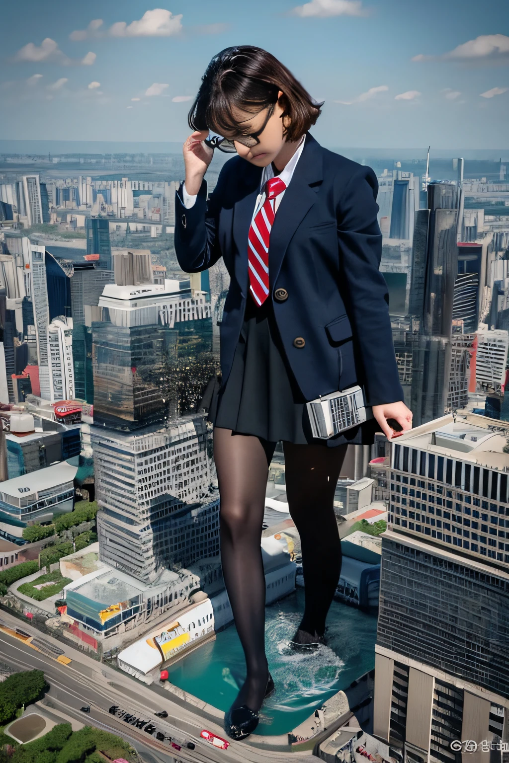 giantess art, a hyperrealistic schoolgirl, , highly detailed giantess shot, der riese, Shorthair, Black pantyhose, Giant high school girl much bigger than a skyscraper。Wearing rimless glasses。Colossal tits。Navy blue blazer、Red tie、Mini Length Skirt、Black pantyhose、I'm not wearing shoes.。very small metropolis。miniature metropolis。In a miniature metropolis just a few feet tall.、standing and urinating。Urine that comes out forcefully。torrent of urine。The city sinks into a sea of urine。Small trains and cars are washed away with urine.。Full body depiction。nffsw, der riese, Black pantyhose, Pantyhose legs, Pantyhose feet, ,Stomping City,crash city,Small town,micro city, Peeing,