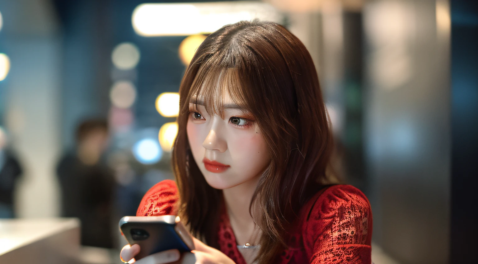 ​masterpiece、top-quality、hyperdetailed face、ultra-detailed hair、red clothing、station、Holding your smartphone in one hand、gazing into distance、full body Esbian