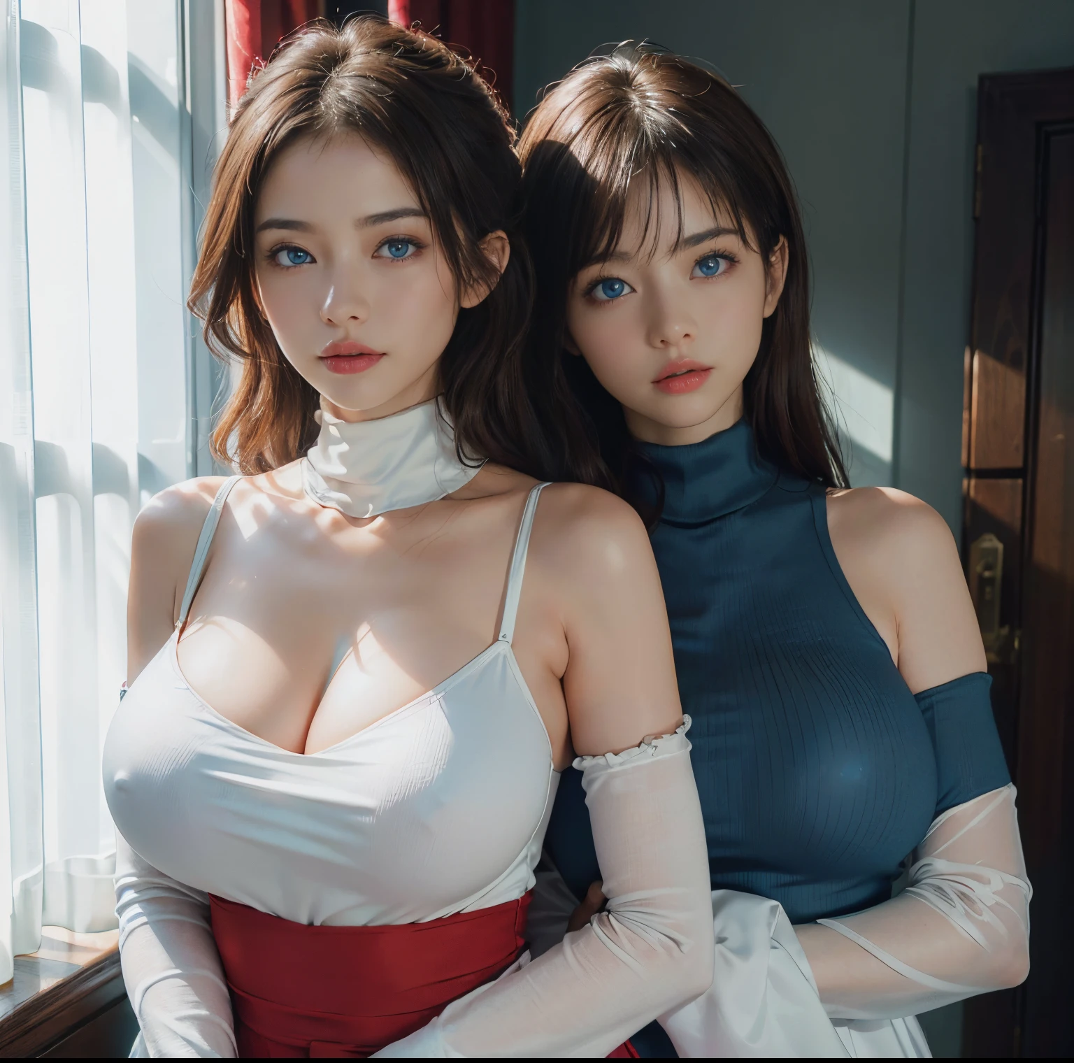 top-quality, 8K picture quality, masterpiece, (Professional lighting without shadows), (Two women in love), (Perfect body and firm big breasts:1.3), (Bright whitening skin:1.2), (Bright and beautiful blue eyes with plump red tear bags reflect a lot of light.:1.3)、 (They are wearing turtleneck micro mini dresses), (There is no exposed skin on the upper body other than the arms.:1.2), (Turning to me, I show off my huge breasts from the front through my clothes.:1.2), Shot from the thigh up, (Look at me with a troubled face)