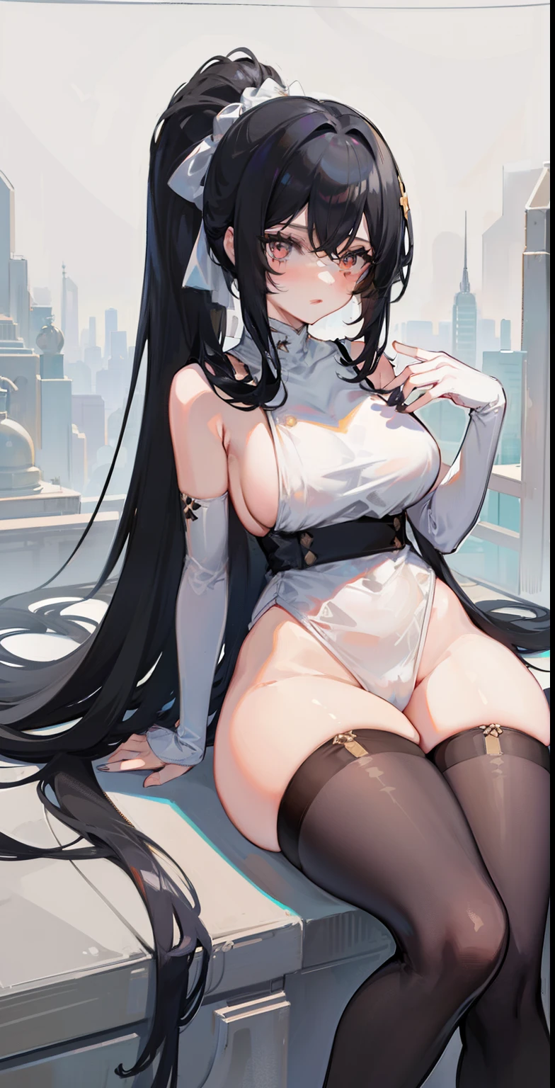 1girl, bangs, black hair, black stockings, thigh highs, long hair, medium breasts, panties, lips, ponytail, reclining, standing, pantyhose, underwear, thick legs, thick thighs, white panties, white background