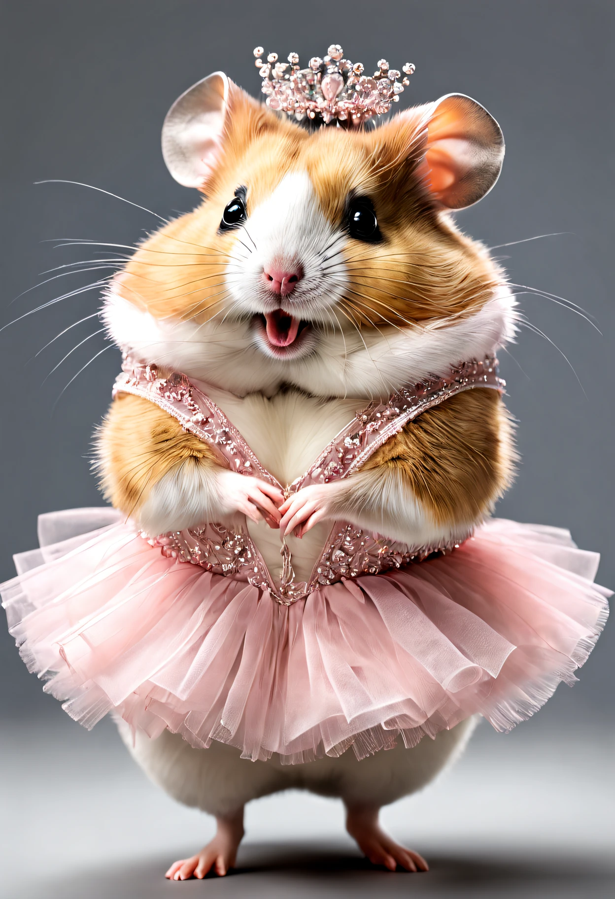 photorealistic portrait of Dressed animals - a fat hamster ballet dancer,( ballet action posing), fluffy body, high quality,(lovely) ,intricate details, highly detailed ballet costume ,highly detailed tutu, (happy), studio lighting,(full body image:1.5)