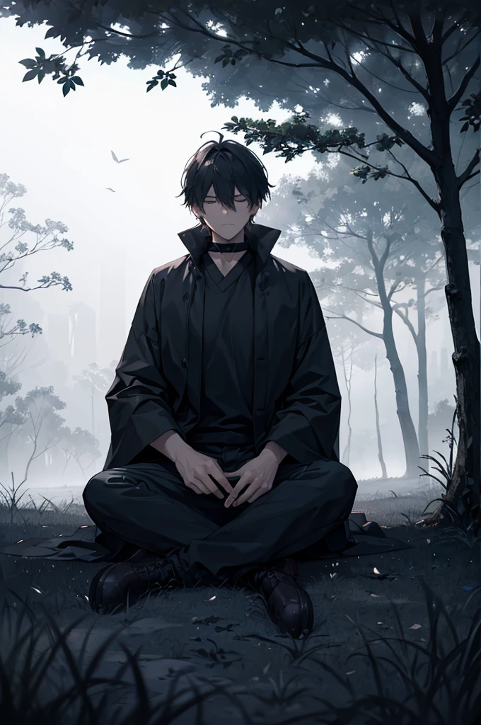 (best quality,large shot:1.2),lonely man,sitting under a tree,[black katana,near him],thick fog,tree branches,moody atmosphere,dense mist,dreamy,hazy,tranquility,gloomy,peaceful,pondering,serene,quietude,isolated,strong emotions,distant,pensive,dark shadows,stark contrast,loneliness,meditation,calmness,solitude,contemplation,stillness,serenity,silence,nature,woods,wisdom,fantasy,enchanted,overcast weather,somber,
