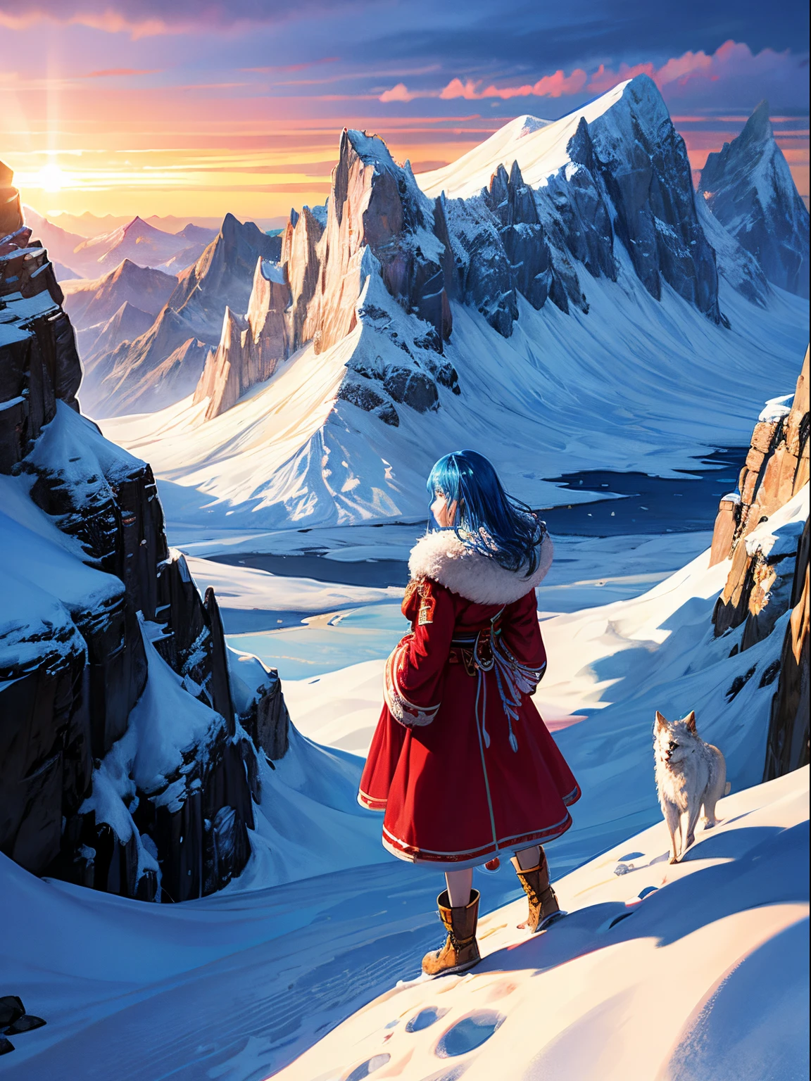A snowy landscape, a girl with blue hair and red robe with pet wolves standing on both sides, standing on a rounded snowy mountain, staring at a snowy iceberg mountain, epic scene, cinematic, lightning effects