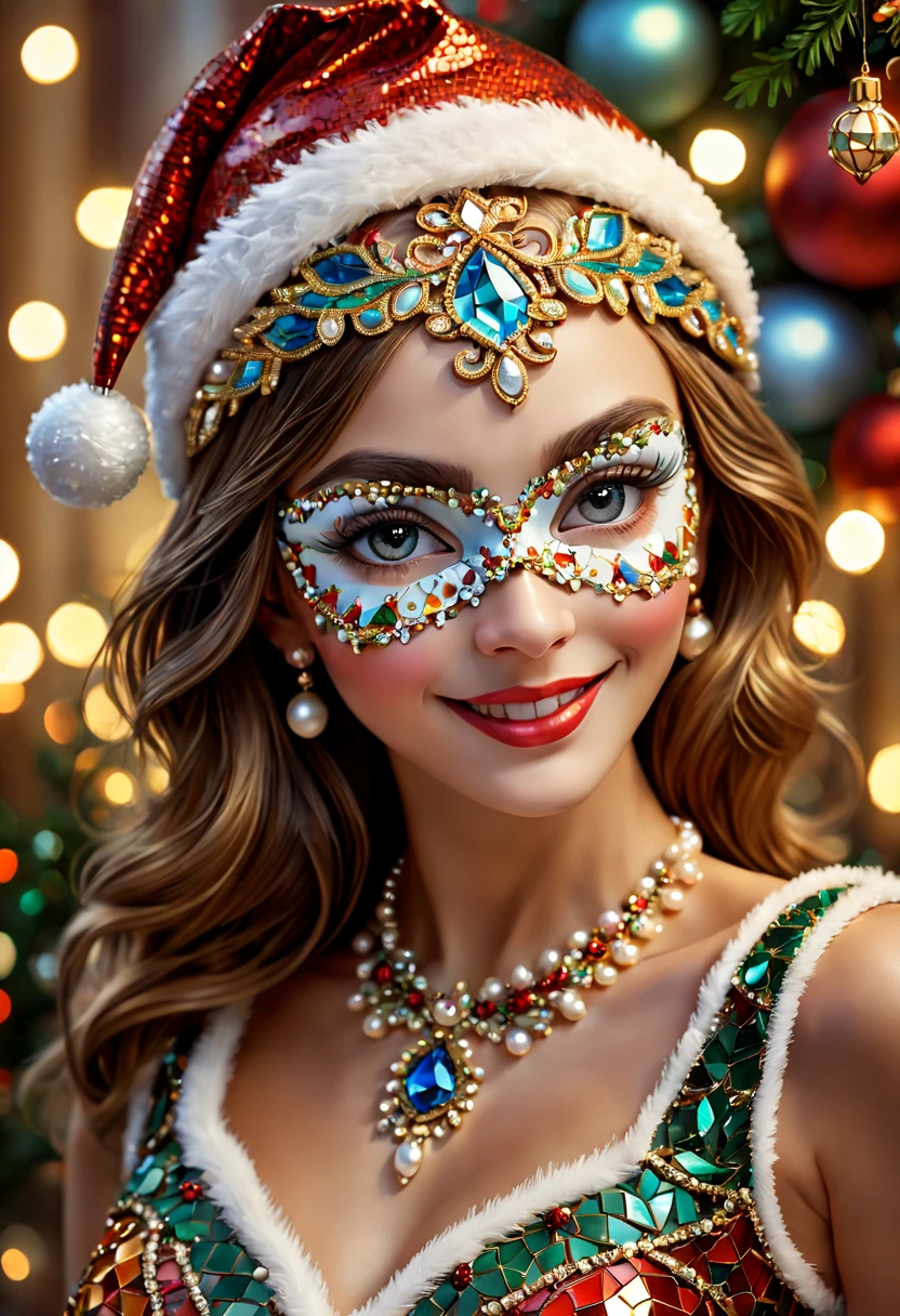 (Mosaic Christmas Mask),one-girl,sparkling detailed eyes,beautifully detailed lips,Feather,extremely detailed eyes, christmas hat,festive smile, pearl necklace, golden mosaic patterns on the mask, delicate craftsmanship, intricate designs, vibrant color palette, high contrast, sharp focus, glossy finish, impressive artistry, holiday atmosphere, intricate mosaic tiles, ornate decorations, magical lighting. (best quality,4k,8k,highres,masterpiece:1.2),ultra-detailed,(realistic,photorealistic,photo-realistic:1.37),portrait,mosaic art,christmas celebration,festive colors,sparkling charm,holiday spirit,glimmering lights,colorful ornaments.