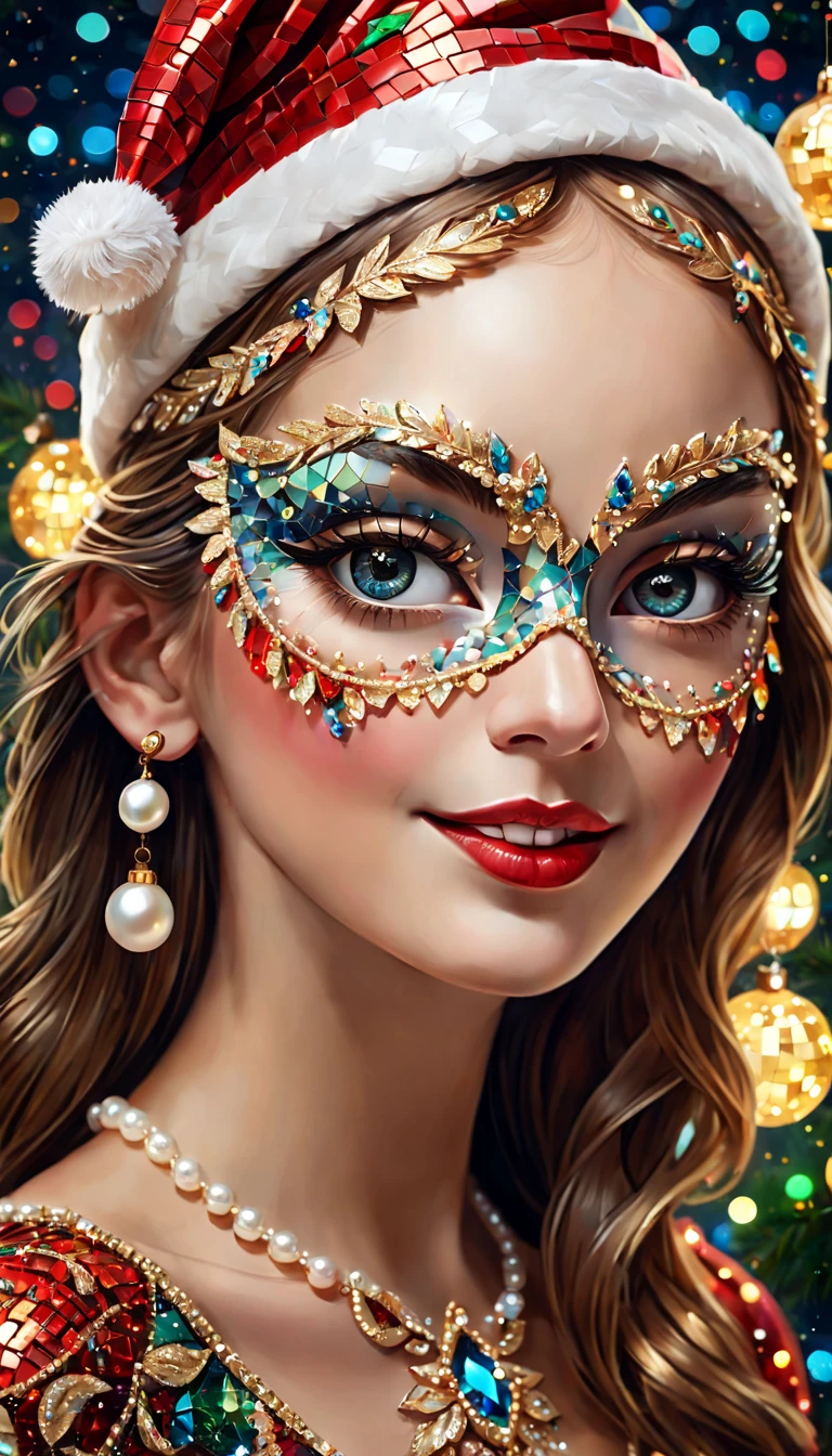 (Mosaic Christmas Mask),one-girl,sparkling detailed eyes,beautifully detailed lips,Feather,extremely detailed eyes, christmas hat,festive smile, pearl necklace, golden mosaic patterns on the mask, delicate craftsmanship, intricate designs, vibrant color palette, high contrast, sharp focus, glossy finish, impressive artistry, holiday atmosphere, intricate mosaic tiles, ornate decorations, magical lighting. (best quality,4k,8k,highres,masterpiece:1.2),ultra-detailed,(realistic,photorealistic,photo-realistic:1.37),portrait,mosaic art,christmas celebration,festive colors,sparkling charm,holiday spirit,glimmering lights,colorful ornaments.