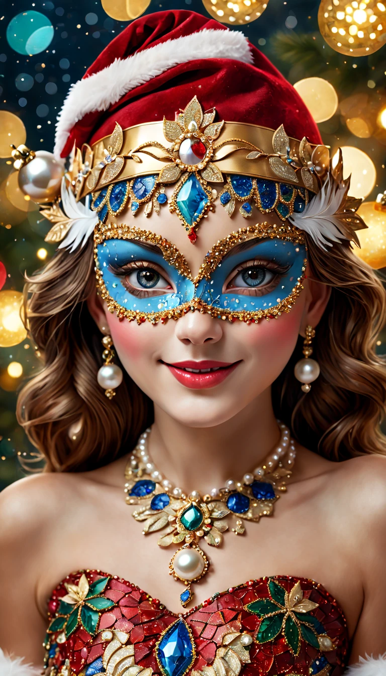 (Mosaic Christmas Mask),one-girl,sparkling detailed eyes,beautifully detailed lips,Feather,extremely detailed eyes, christmas hat,festive smile, pearl necklace, golden mosaic patterns on the mask, delicate craftsmanship, intricate designs, vibrant color palette, high contrast, sharp focus, glossy finish, impressive artistry, holiday atmosphere, intricate mosaic tiles, ornate decorations, magical lighting. (best quality,4k,8k,highres,masterpiece:1.2),ultra-detailed,(realistic,photorealistic,photo-realistic:1.37),portrait,mosaic art,christmas celebration,festive colors,sparkling charm,holiday spirit,glimmering lights,colorful ornaments.