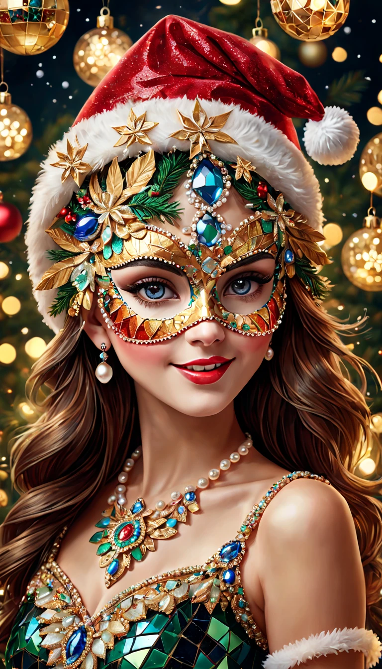 (Mosaic Christmas Mask),one-girl,sparkling detailed eyes,beautifully detailed lips,Feather,extremely detailed eyes, christmas hat,festive smile, pearl necklace, golden mosaic patterns on the mask, delicate craftsmanship, intricate designs, vibrant color palette, high contrast, sharp focus, glossy finish, impressive artistry, holiday atmosphere, intricate mosaic tiles, ornate decorations, magical lighting. (best quality,4k,8k,highres,masterpiece:1.2),ultra-detailed,(realistic,photorealistic,photo-realistic:1.37),portrait,mosaic art,christmas celebration,festive colors,sparkling charm,holiday spirit,glimmering lights,colorful ornaments.