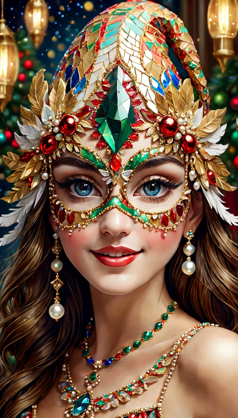 (Mosaic Christmas Mask),one-girl,sparkling detailed eyes,beautifully detailed lips,Feather,extremely detailed eyes, christmas hat,festive smile, pearl necklace, golden mosaic patterns on the mask, delicate craftsmanship, intricate designs, vibrant color palette, high contrast, sharp focus, glossy finish, impressive artistry, holiday atmosphere, intricate mosaic tiles, ornate decorations, magical lighting. (best quality,4k,8k,highres,masterpiece:1.2),ultra-detailed,(realistic,photorealistic,photo-realistic:1.37),portrait,mosaic art,christmas celebration,festive colors,sparkling charm,holiday spirit,glimmering lights,colorful ornaments.