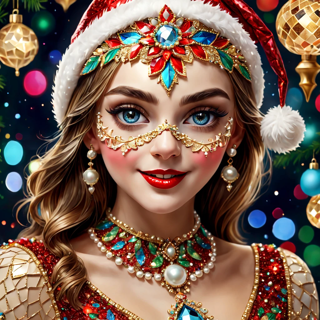 (Mosaic Christmas Mask),one-girl,sparkling detailed eyes,beautifully detailed lips,Feather,extremely detailed eyes, christmas hat,festive smile, pearl necklace, golden mosaic patterns on the mask, delicate craftsmanship, intricate designs, vibrant color palette, high contrast, sharp focus, glossy finish, impressive artistry, holiday atmosphere, intricate mosaic tiles, ornate decorations, magical lighting. (best quality,4k,8k,highres,masterpiece:1.2),ultra-detailed,(realistic,photorealistic,photo-realistic:1.37),portrait,mosaic art,christmas celebration,festive colors,sparkling charm,holiday spirit,glimmering lights,colorful ornaments.
