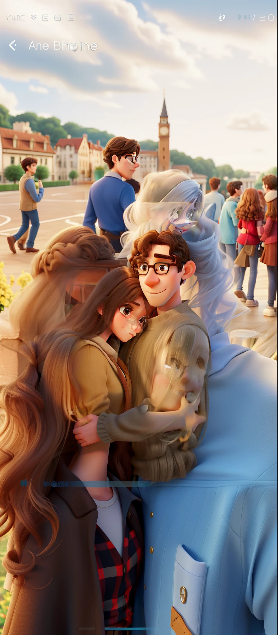 A couple in love hugging each other, where the woman is thin and wearing a long beige dress, her hair is straight and brown and long. The man is tall and thin, his hair is curly and he wears square glasses.