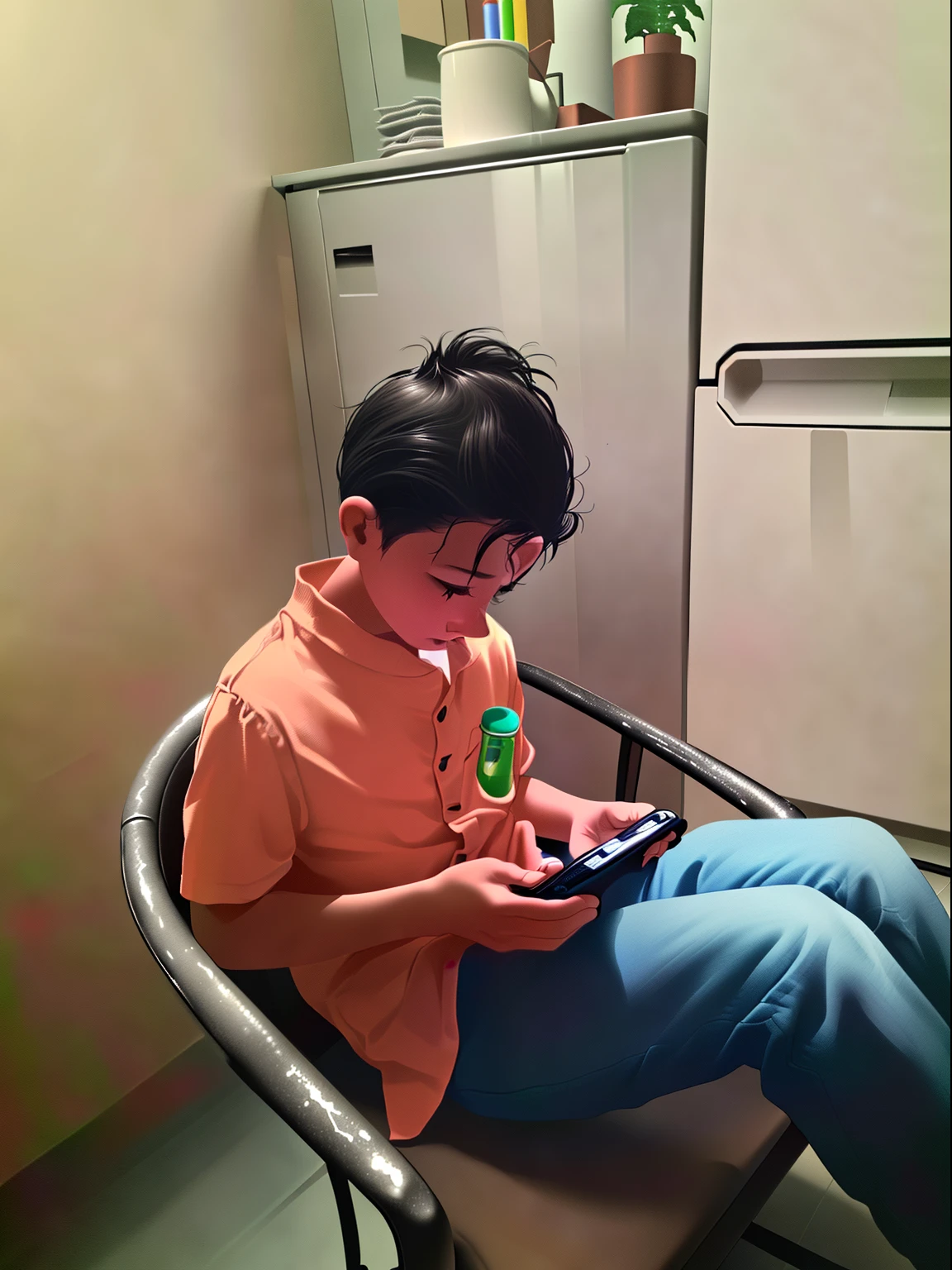 boy sitting in chair using cell phone in kitchen area with refrigerator, looking at his phone, captured on iphone, playing games, inspired by Abidin Dino, from reading to playing games, very very low quality picture, playing, with a laptop on his lap, ???, he  holding a smartphone, inspired by Ni Yuanlu, an artistic pose