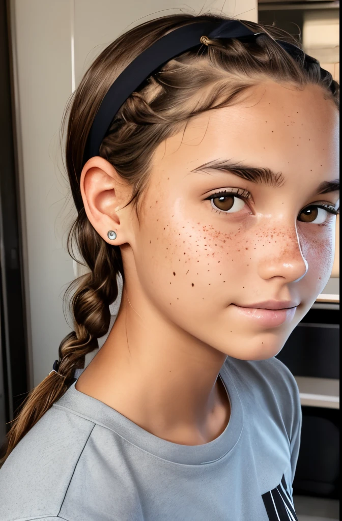 1girl. Tan skin, freckles on nose, freckles on cheeks, dark brown hair, wavy hair, hair braid, loose T-shirt, black sweatpants, 20 years old, flat chested, hairband