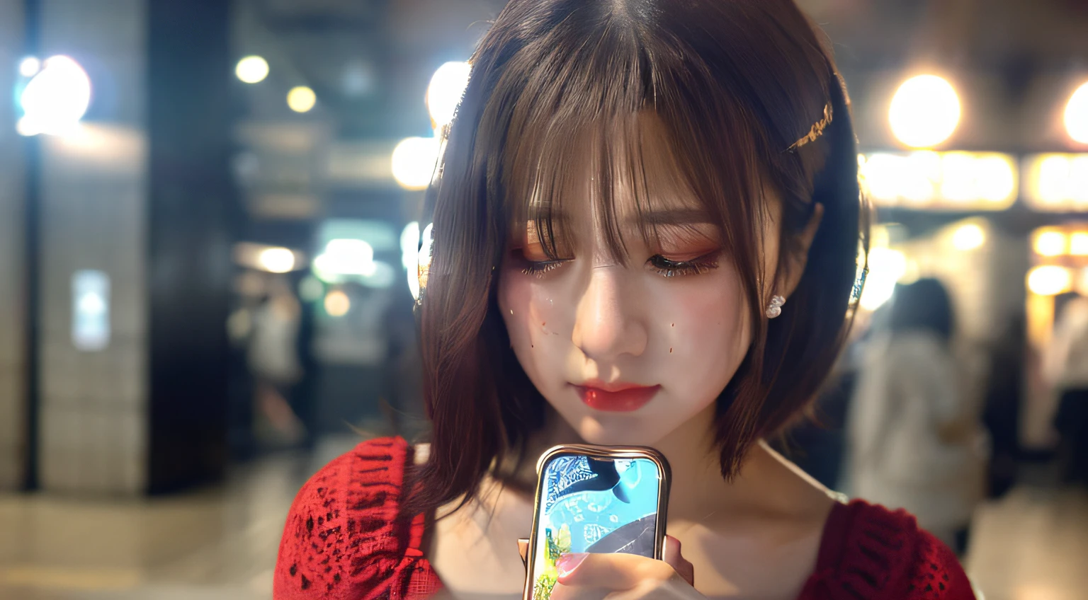 masterpiece、top-quality、hyperdetailed face、ultra-detailed hair、red clothing、station、Holding your smartphone in one hand、gazing into distance、crying how bright、Tears