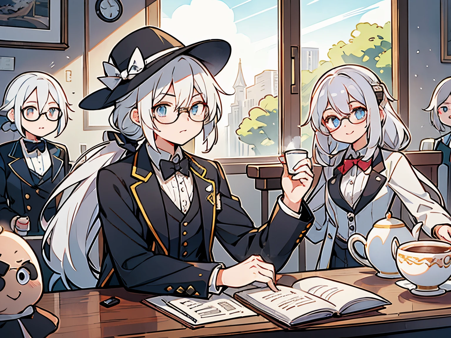 male in his 20s、One、white hair、poneyTail、He wears round glasses with no rims、The face is human、The body is made of machines、Cyborg Arm、Hats、wearing a tailcoat、bright expression、Happily、lodge in the background、coffee cup and saucer on the desk、Sitting in a rocking chair、The weather is sunny