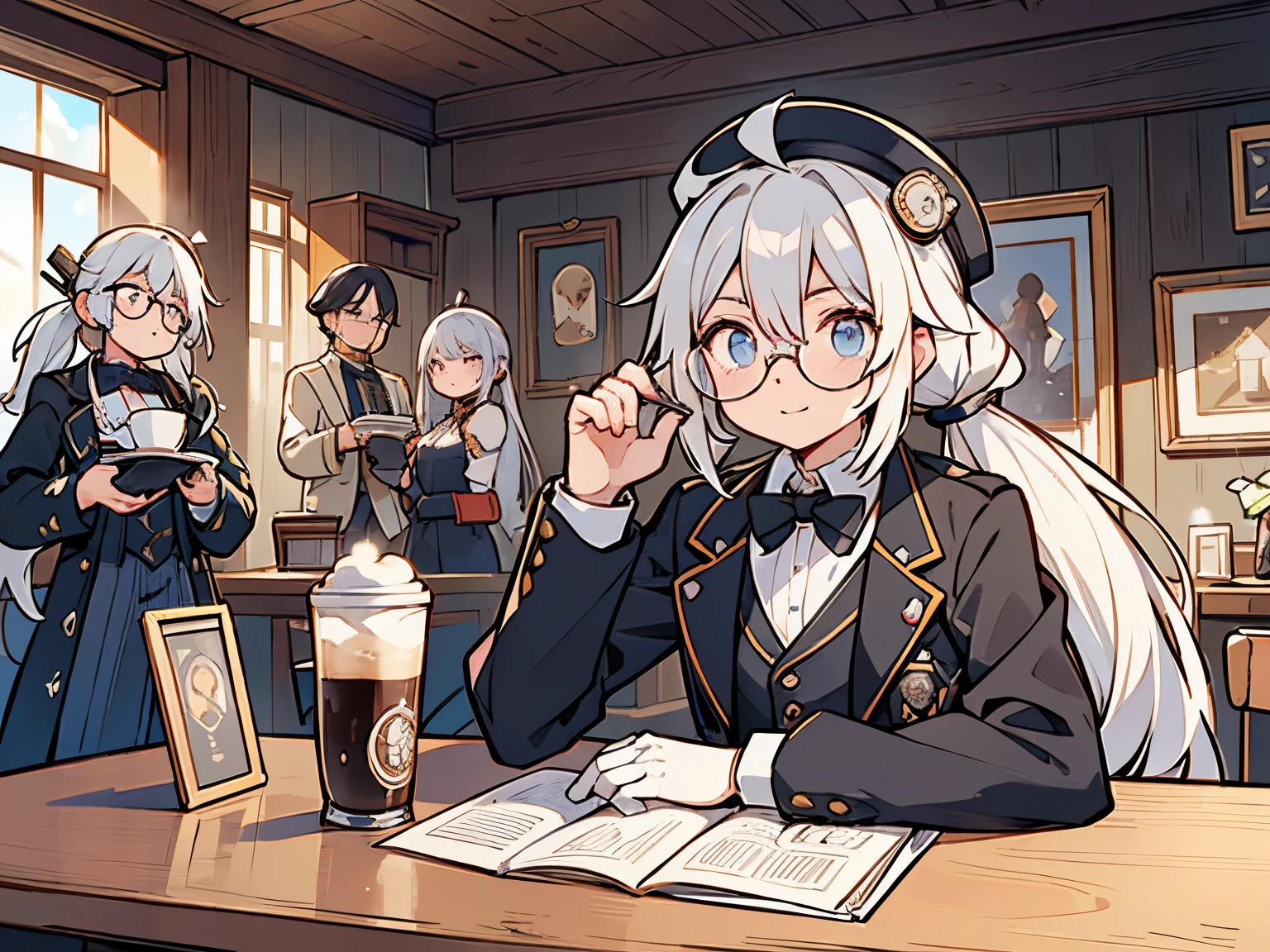 male in his 20s、One、white  hair、poneyTail、He wears round glasses with no rims、The face is human、The body is made of machines、Cyborg Arm、Hats、wearing a tailcoat、bright expression、Happily、lodge in the background、coffee cup and saucer on the desk、Sitting in a rocking chair、The weather is sunny