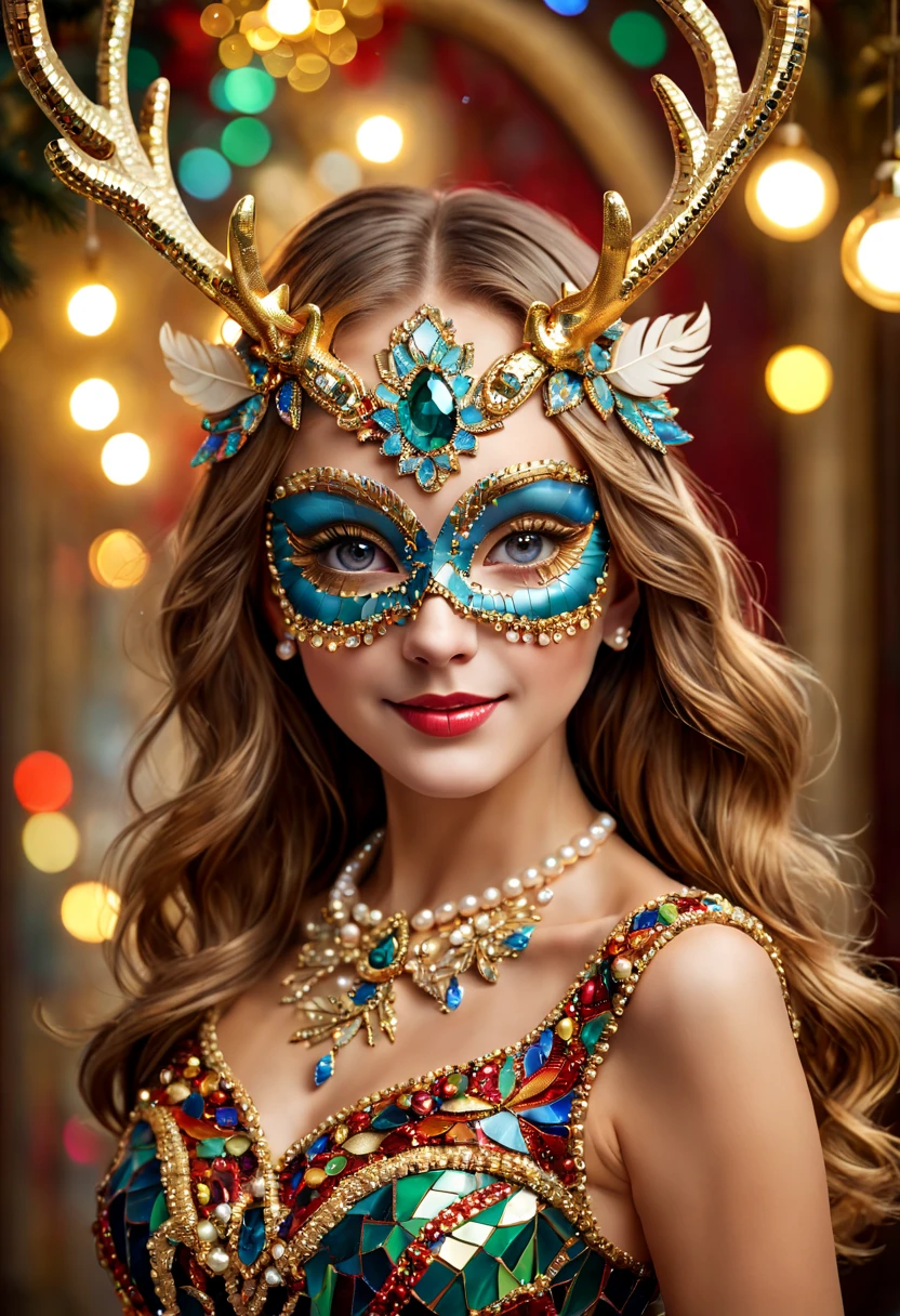 (Mosaic Christmas Mask),one-girl,sparkling detailed eyes,beautifully detailed lips,Feather,extremely detailed eyes,Cute antlers headdress ,festive smile, pearl necklace,golden mosaic patterns on the mask, delicate craftsmanship, intricate designs, vibrant color palette, high contrast, sharp focus, glossy finish, impressive artistry, holiday atmosphere, intricate mosaic tiles, ornate decorations, magical lighting. (best quality,4k,8k,highres,masterpiece:1.2),ultra-detailed,(realistic,photorealistic,photo-realistic:1.37),portrait,mosaic art,christmas celebration,festive colors,sparkling charm,holiday spirit,glimmering lights,colorful ornaments.