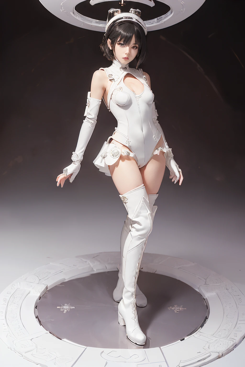 (blind box toy style:1.3), ((Full body shot:1.4)) (((anatomy correct))),((1girl in, Solo)),(masutepiece:1.3), (Sexy costume), ((masuter piece)) , (((White bodysuit、long Leather boots))),((Circular base:1.5))、anime figure,  Seductive、short-hair、Highly detailed,  ( highly detailed figure ), pvc figurine、Steampunk Body 、Intricate decoration details 、Goth**** details 、highly intricate detail