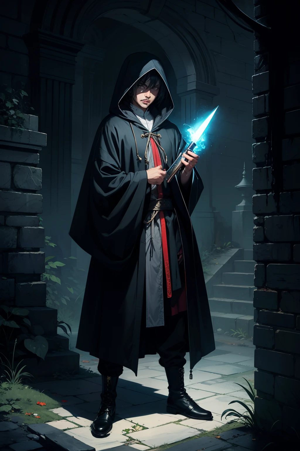 man mysterious elf assassin arcane trickster rogue dark robe hooded, short black hair, with a dagger casting a spell