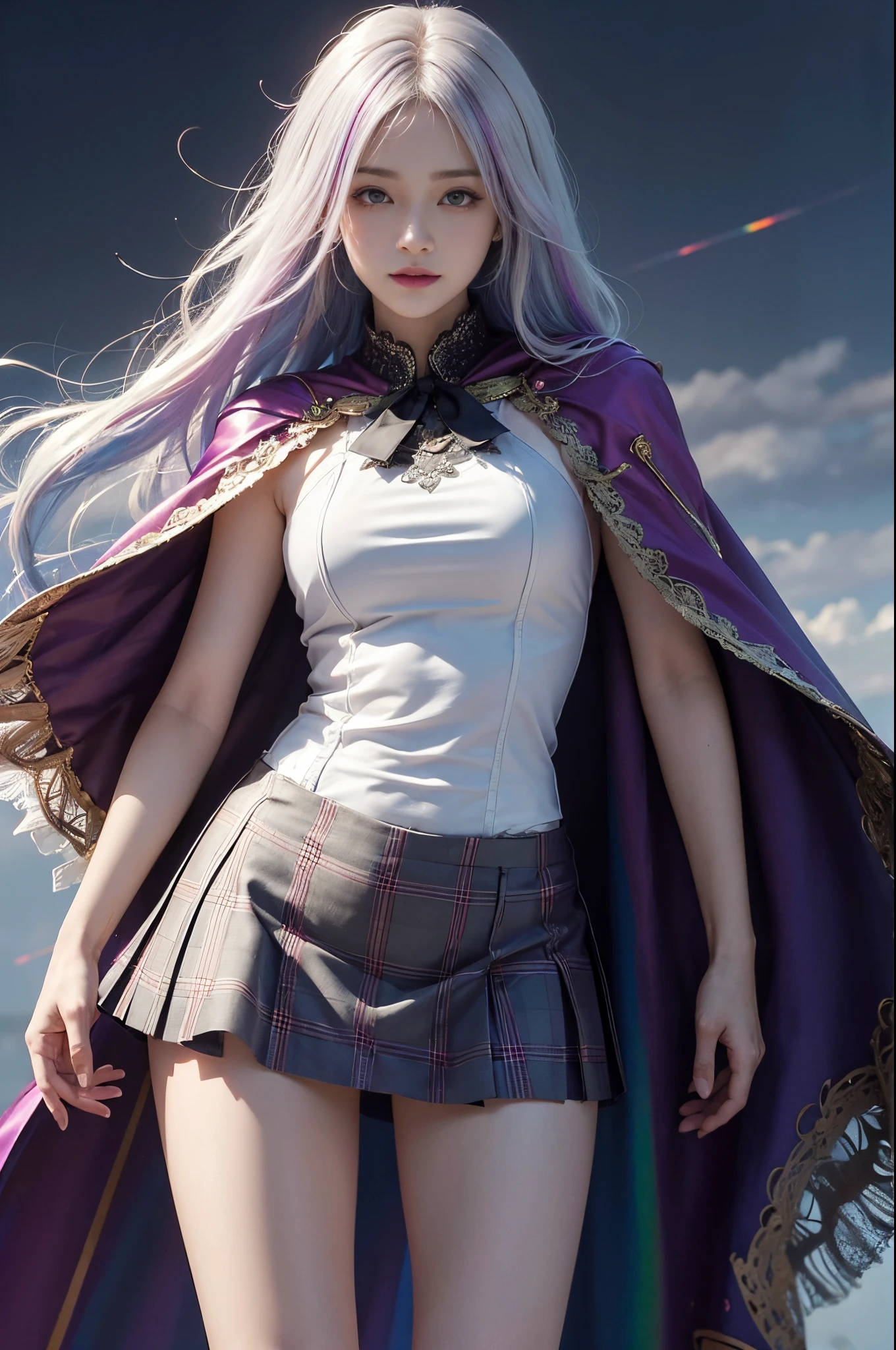 one-girl, long eyelasher, ssmile, rainbow hair ,Cinematic texture, Wear sexy and fashionable, 8K,super short plaid skirt,lace cape, Best quality at best, Ultra-realistic skin texture, long, floated hair,long slim figure,delicated face,Full body photo,in background bluring,A white space ,